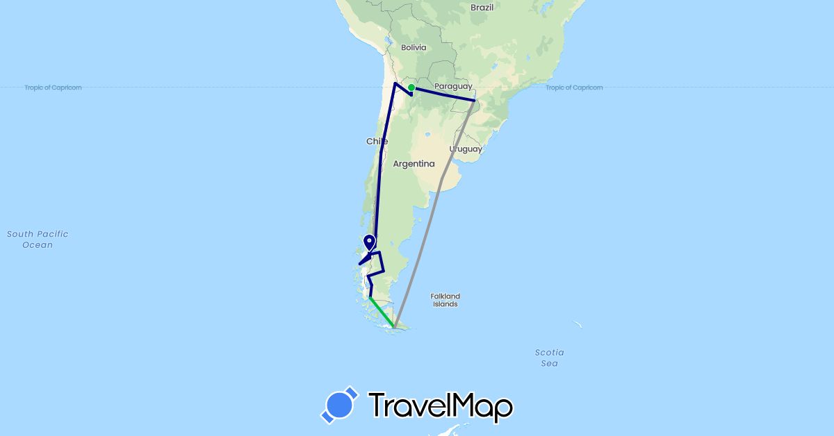 TravelMap itinerary: driving, bus, plane in Argentina, Chile (South America)