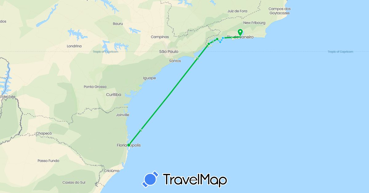 TravelMap itinerary: driving, bus, boat in Brazil (South America)